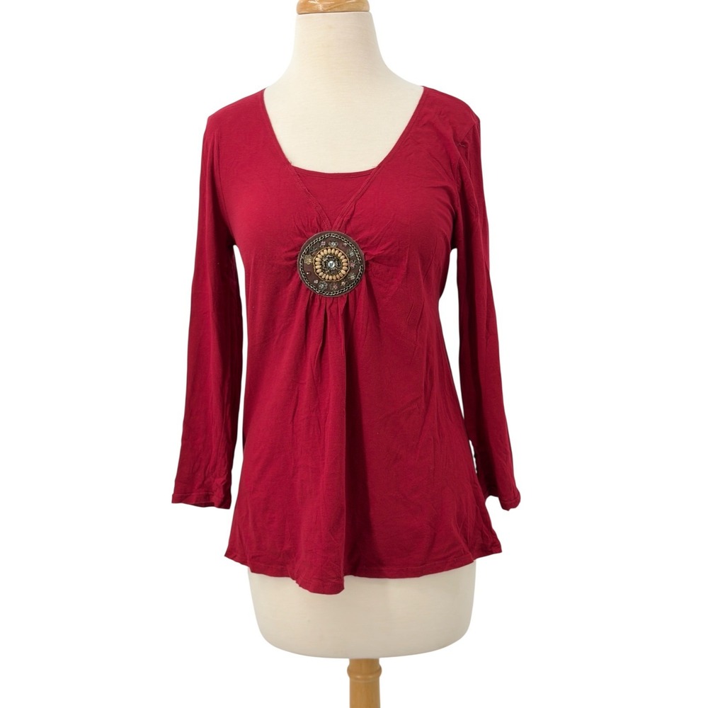 Motherhood Maternity Womens Red Medallion Long Sleeve Tie Back Knit Top M/L READ
